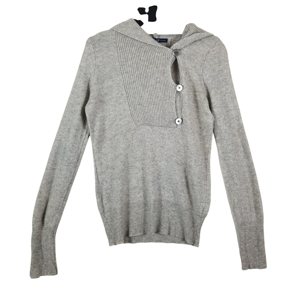 Gap 100% Cashmere Hoodie Sweater Gray Asymmetric Button Neck Womens XS